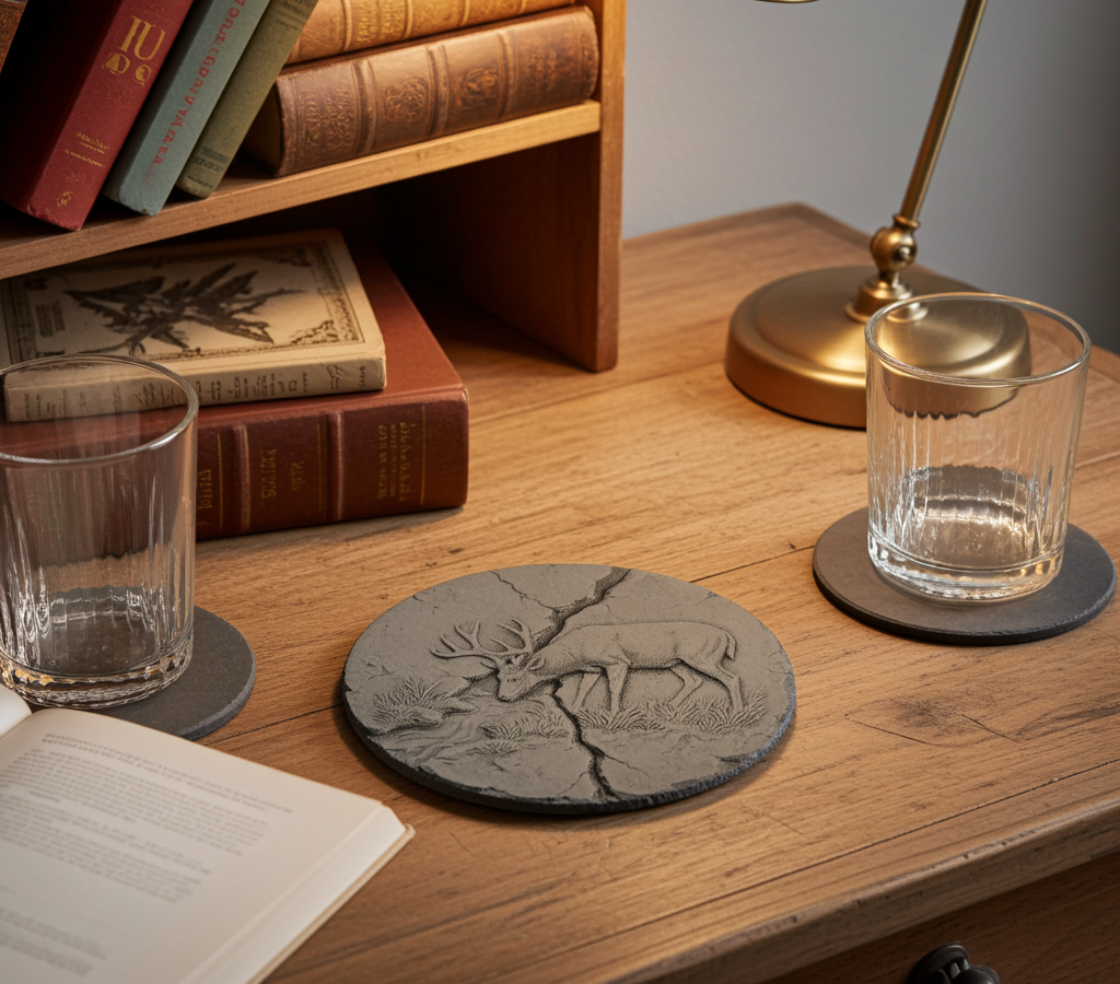 Set of 4, round slate drink coaster 3d effect - Stag on fractured earth- with bumper feet.