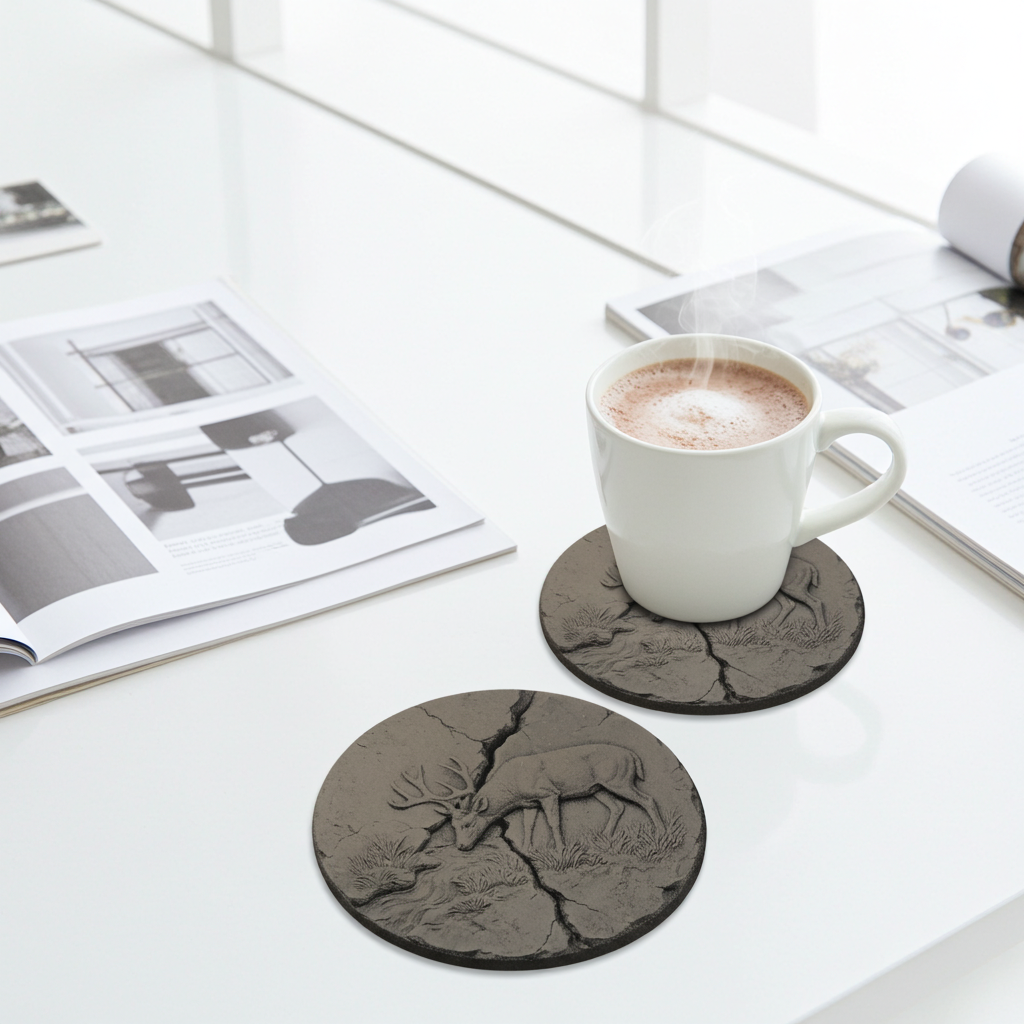 Set of 4, round slate drink coaster 3d effect - Stag on fractured earth- with bumper feet.