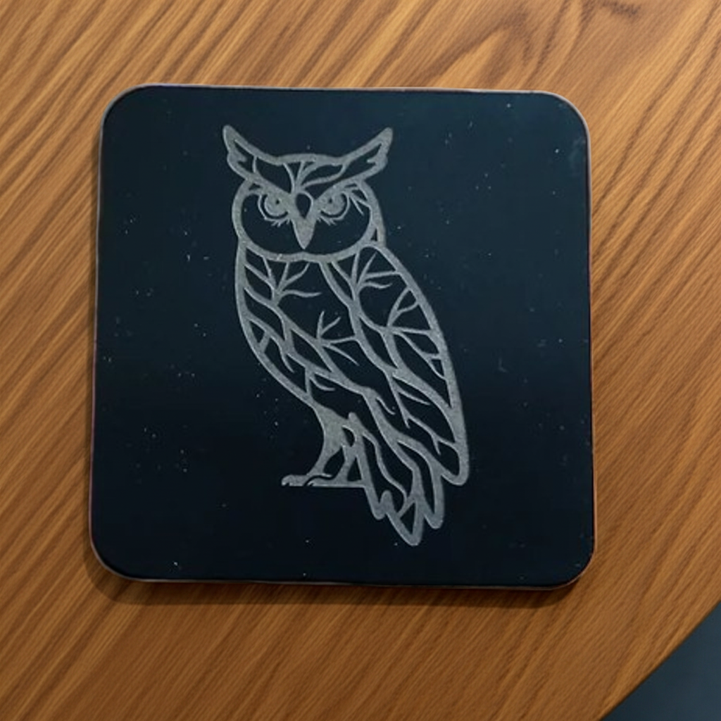 Set of 4, Owl Collection, Black Topped Wood Drink Coasters with Bumper Feet, 9.5cms.
