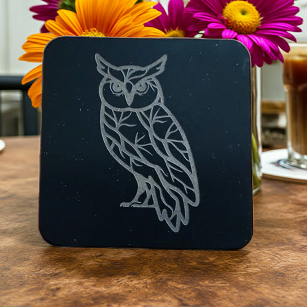 Set of 4, Owl Collection, Black Topped Wood Drink Coasters with Bumper Feet, 9.5cms.