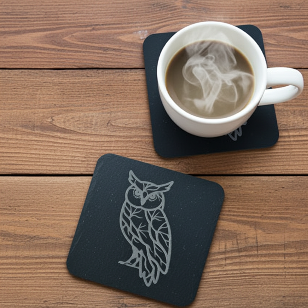 Set of 4, Owl Collection, Black Topped Wood Drink Coasters with Bumper Feet, 9.5cms.