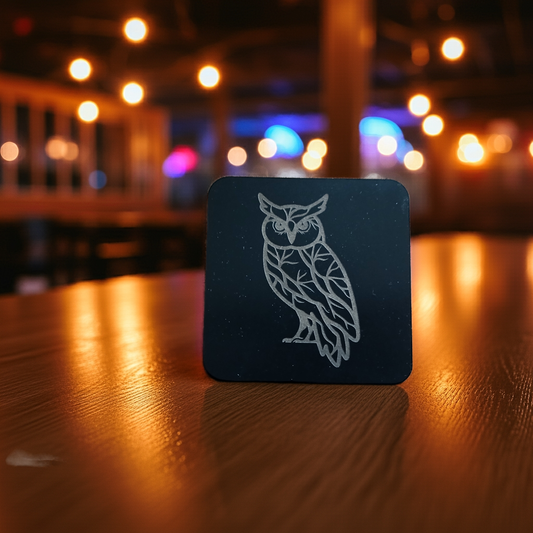Set of 4,Owl Collection, Black Topped Wood Drink Coasters with Bumper Feet.. 9.5cms