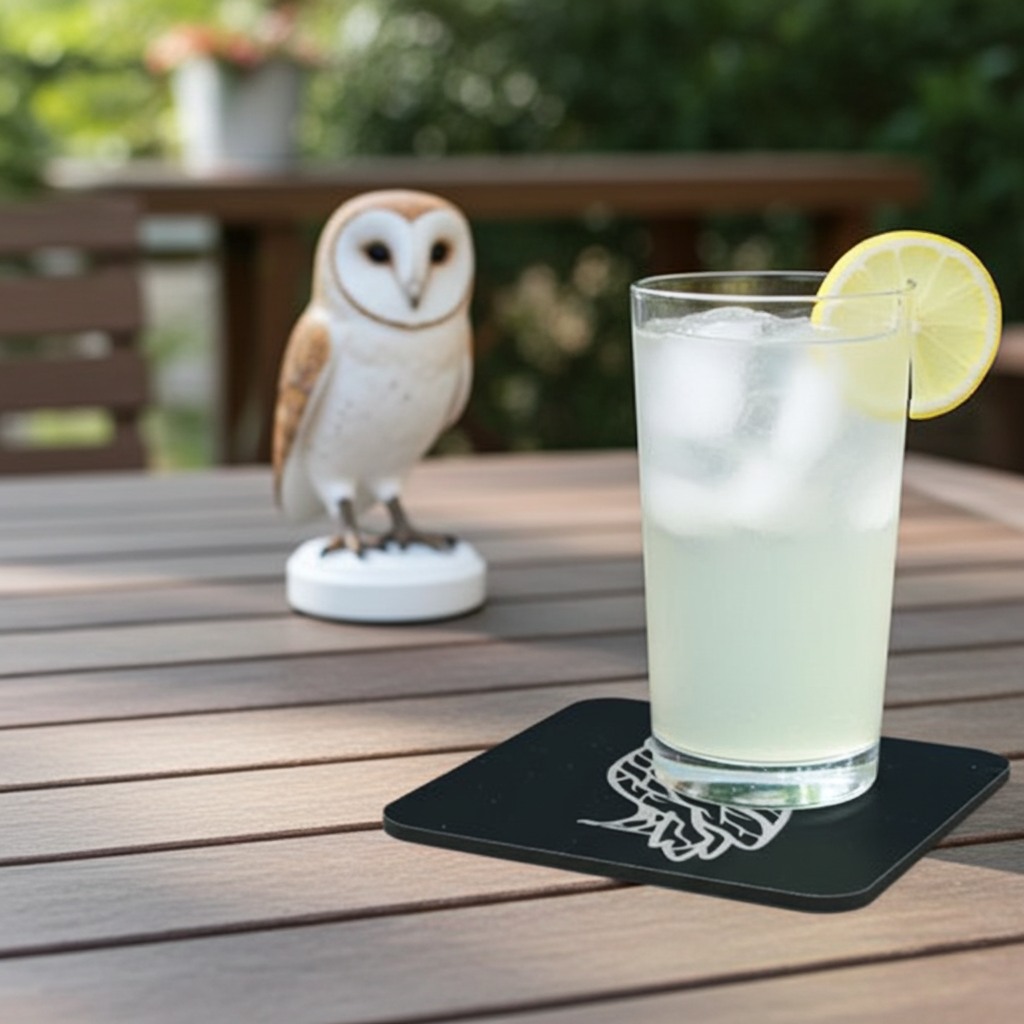 Set of 4, Owl Collection, Black Topped Wood Drink Coasters with Bumper Feet, 9.5cms.