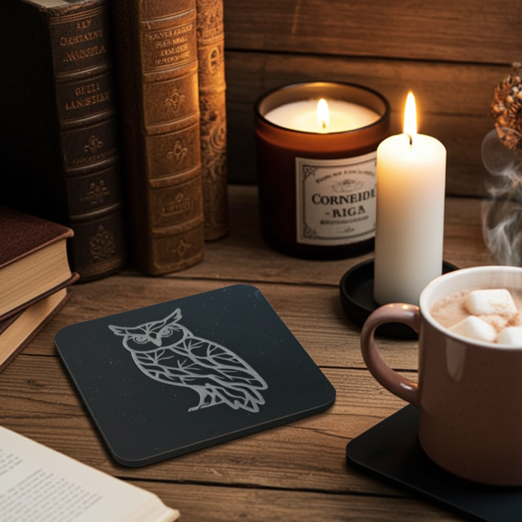 Set of 4, Owl Collection, Black Topped Wood Drink Coasters with Bumper Feet, 9.5cms.