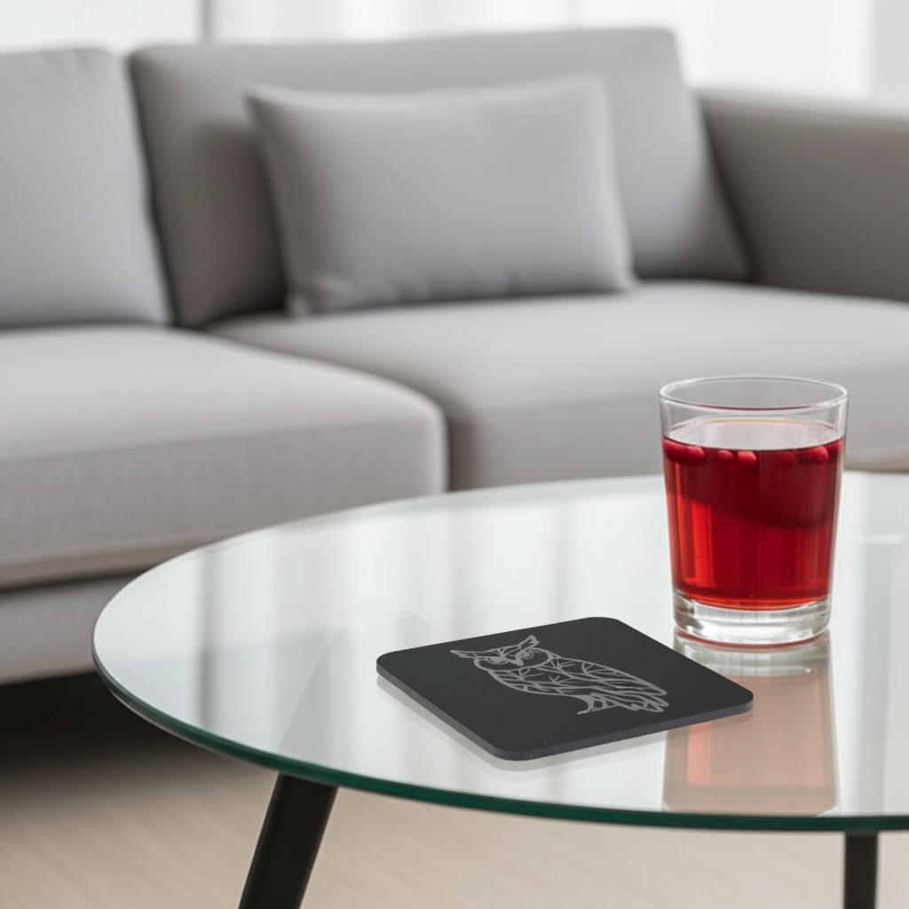 Set of 4, Owl Collection, Black Topped Wood Drink Coasters with Bumper Feet, 9.5cms.