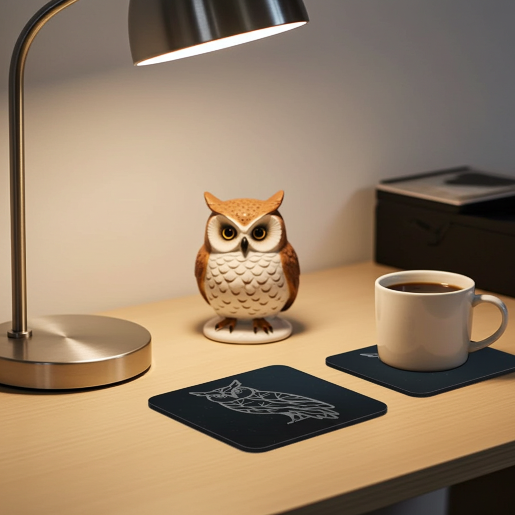 Set of 4, Owl Collection, Black Topped Wood Drink Coasters with Bumper Feet, 9.5cms.