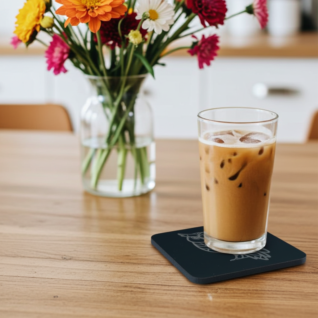 Set of 4, Owl Collection, Black Topped Wood Drink Coasters with Bumper Feet, 9.5cms.
