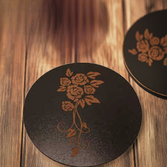 Set of 5 Black Wood Drink Coasters. Flowers Collection Round. With Bumper feet.