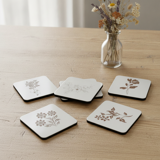 Square, 5 piece botanical engraved wooden coaster set with bumper feet.