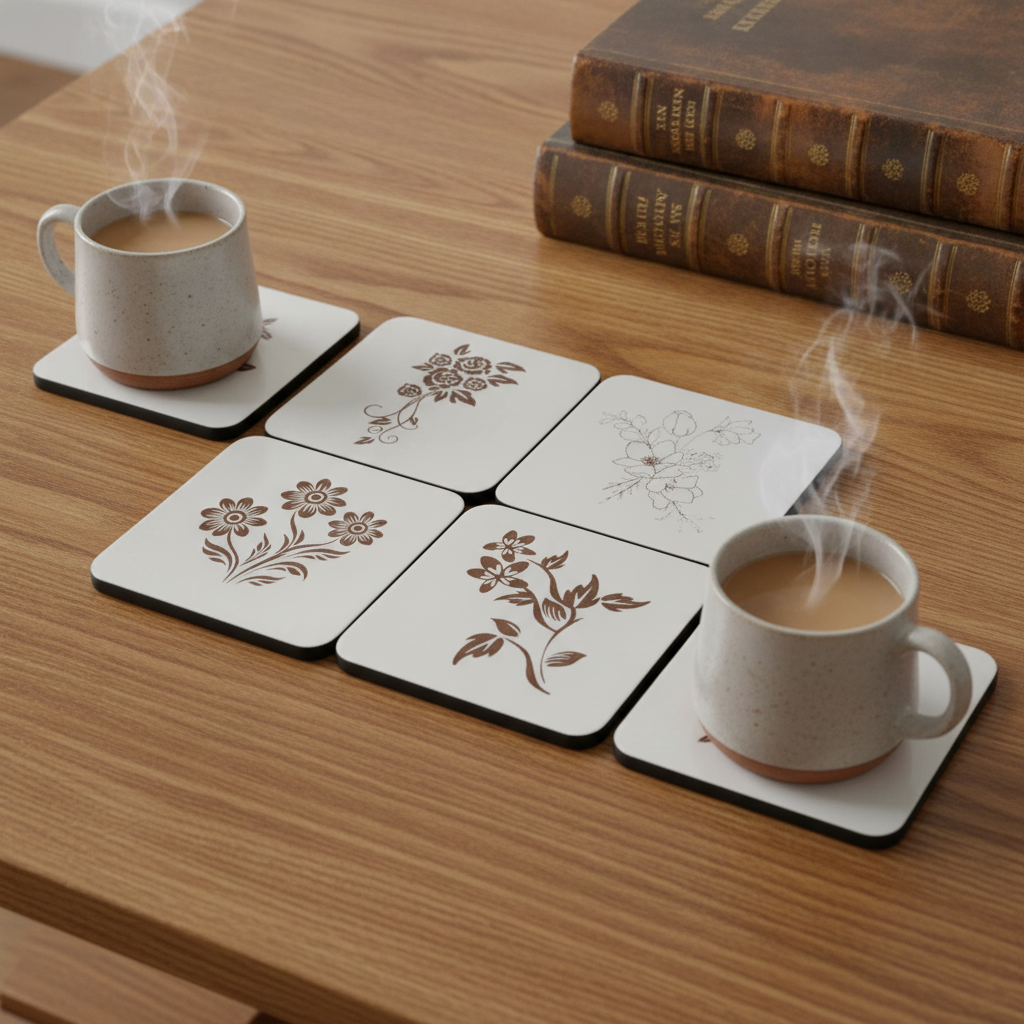 Square, 5 piece botanical engraved wooden coaster set with bumper feet.
