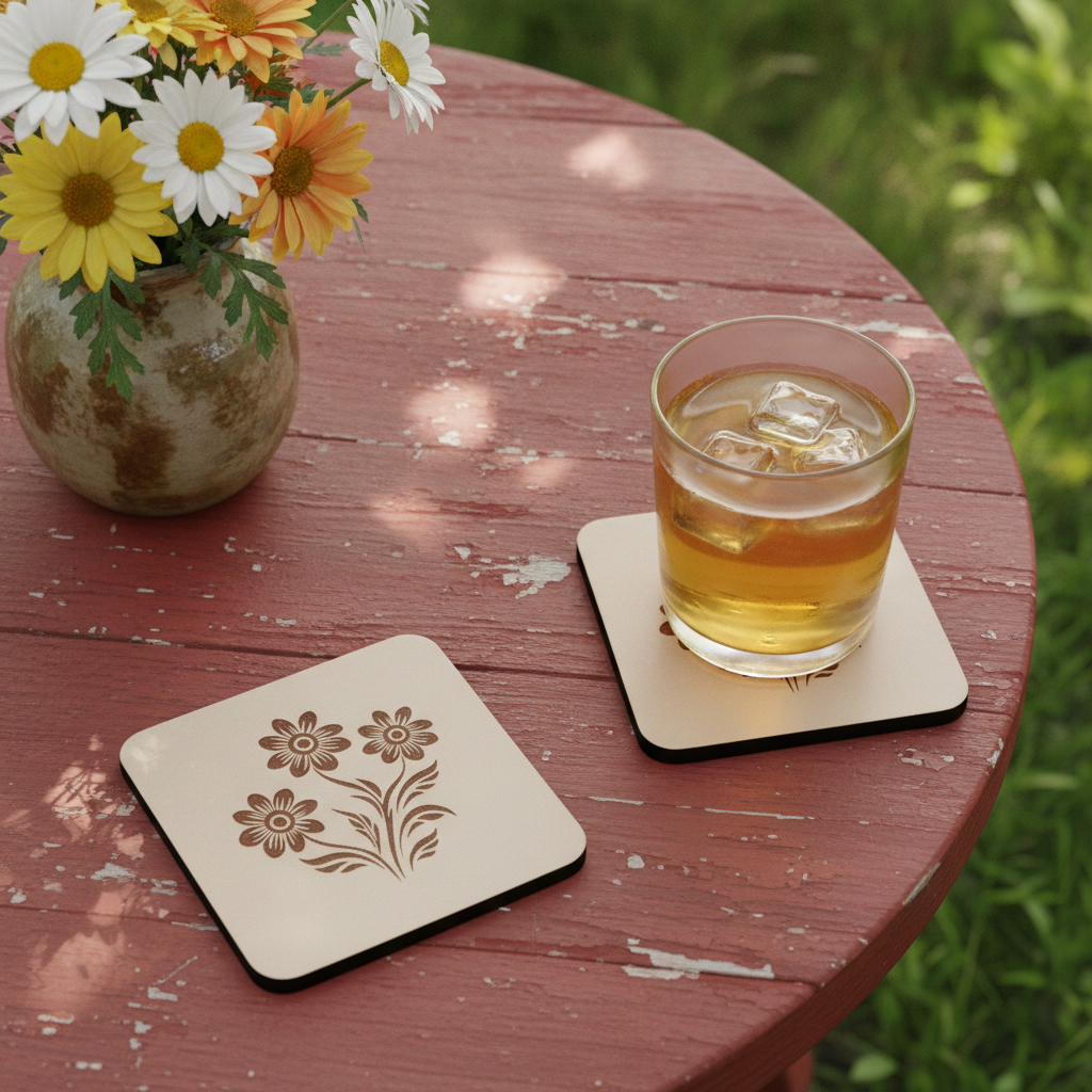 Square, 5 piece botanical engraved wooden coaster set with bumper feet.