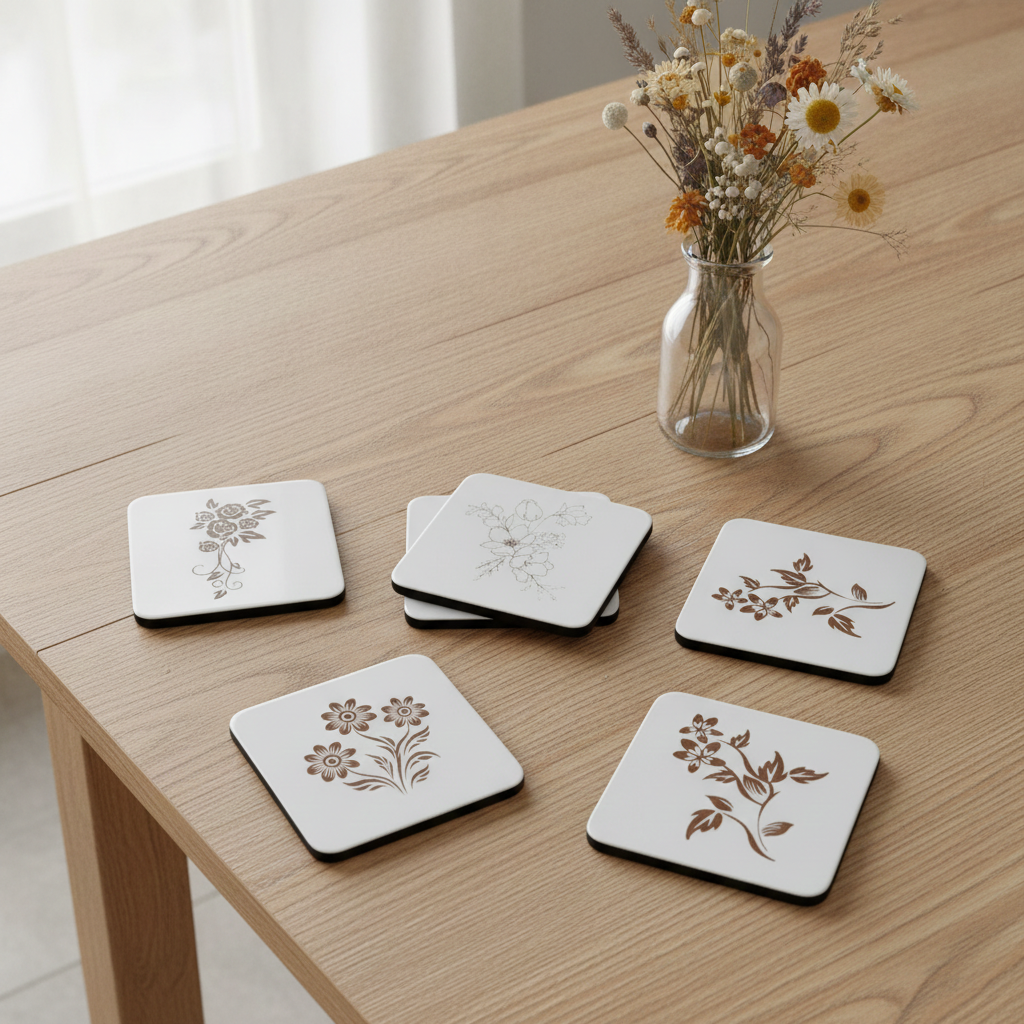 Square, 5 piece botanical engraved wooden coaster set with bumper feet.