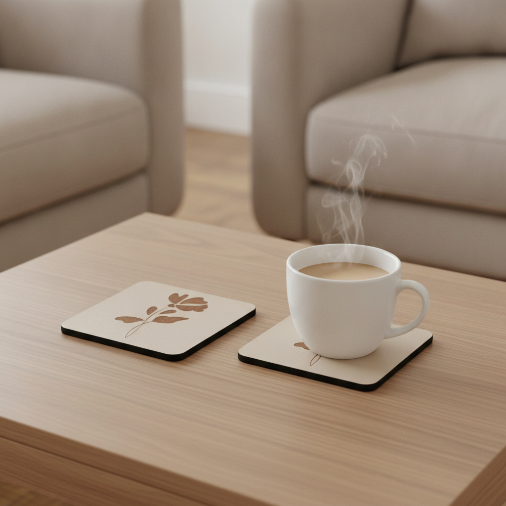 Square, 5 piece botanical engraved wooden coaster set with bumper feet.