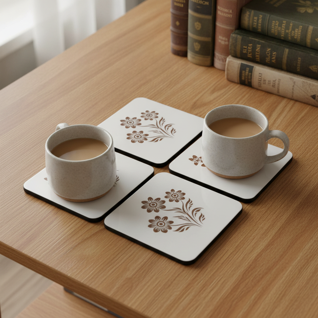 Square, 5 piece botanical engraved wooden coaster set with bumper feet.