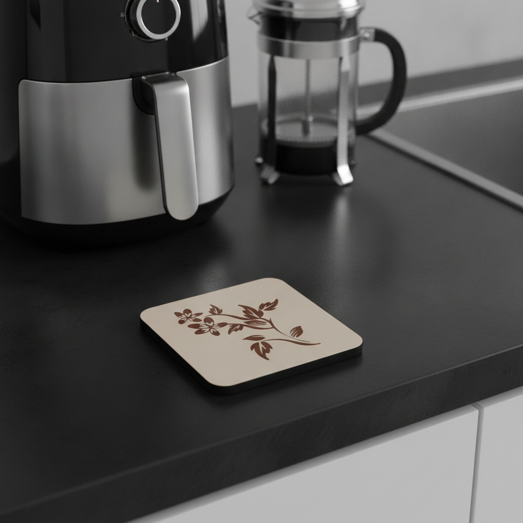 Square, 5 piece botanical engraved wooden coaster set with bumper feet.