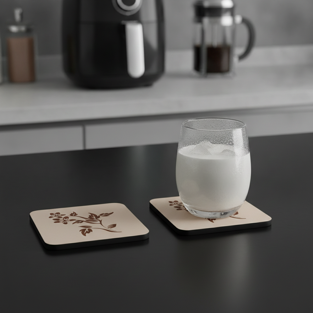 Square, 5 piece botanical engraved wooden coaster set with bumper feet.
