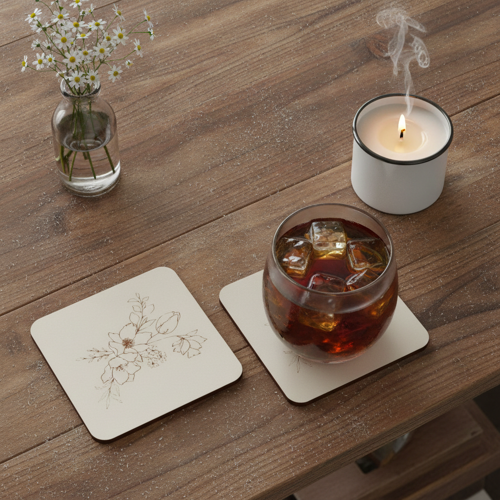 Square, 5 piece botanical engraved wooden coaster set with bumper feet.