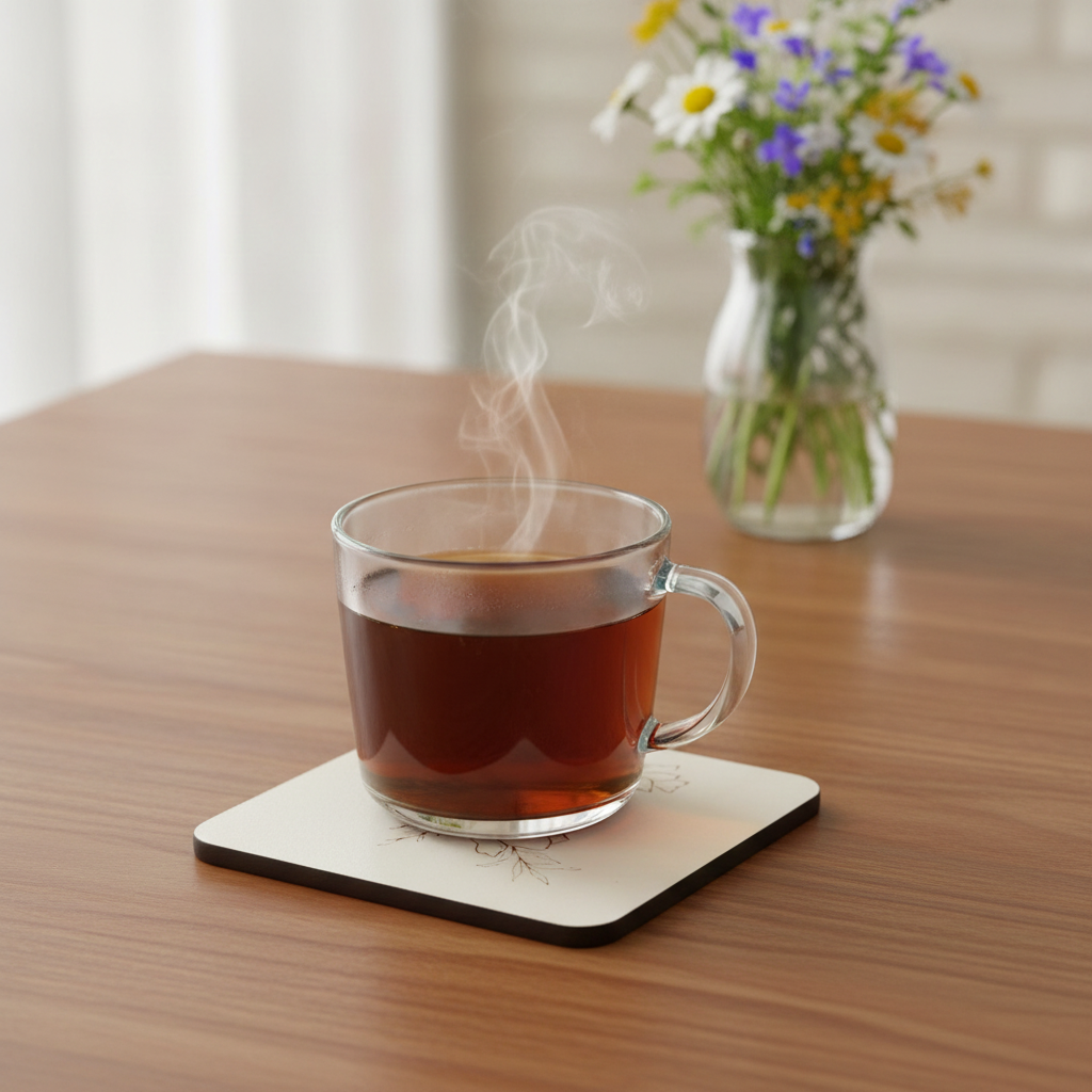 Square, 5 piece botanical engraved wooden coaster set with bumper feet.