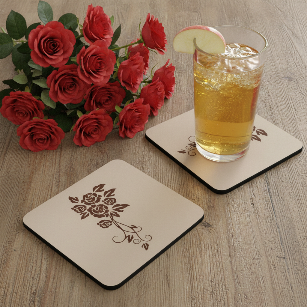 Square, 5 piece botanical engraved wooden coaster set with bumper feet.