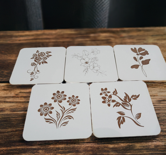 Set of 5 Flower Engraved Wood Drink Coasters Collection. Bumper Feet.