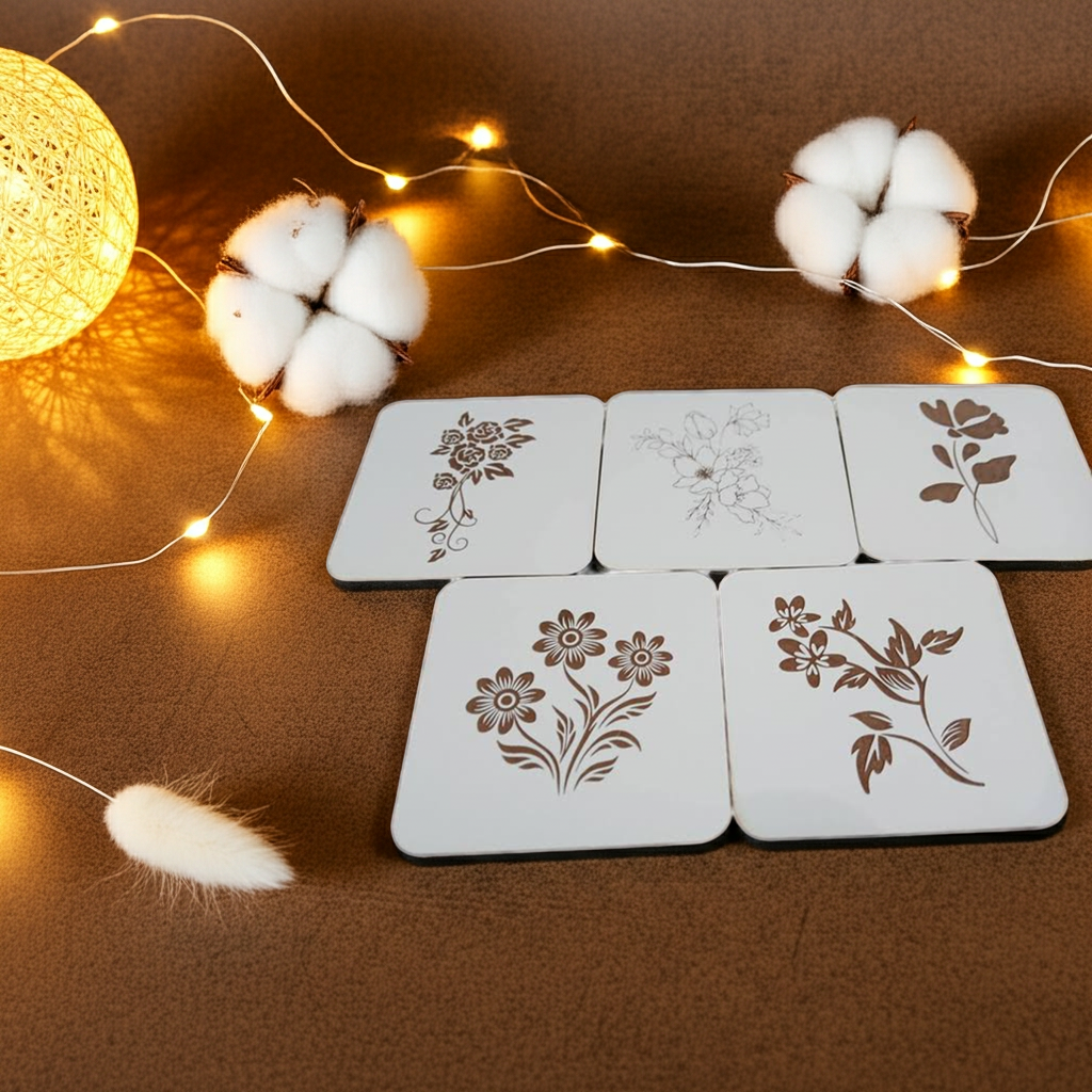 Set of 5 Flower Engraved White Wood Drink Coasters Collection. Bumper Feet.