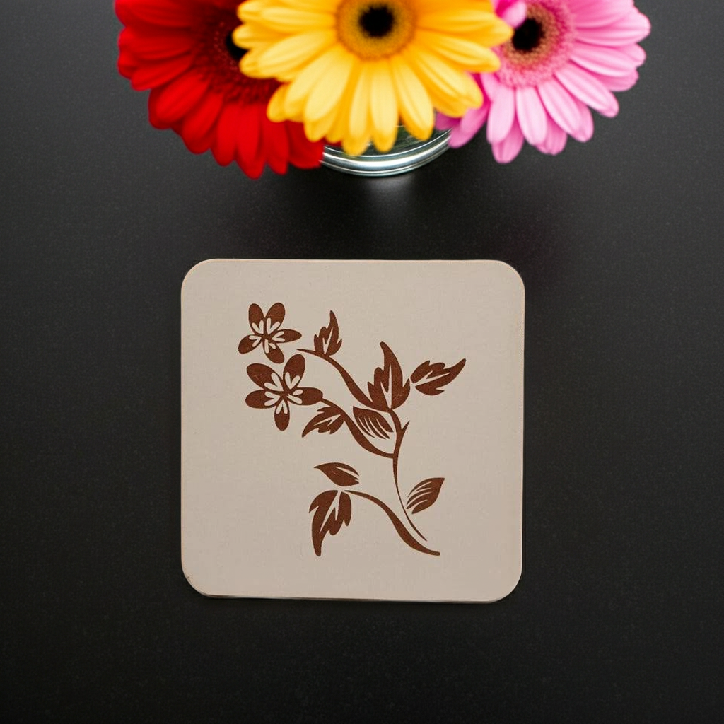 Set of 5 Flower Engraved White Wood Drink Coasters Collection. Bumper Feet.