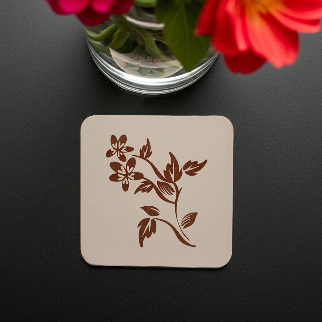 Set of 5 Flower Engraved White Wood Drink Coasters Collection. Bumper Feet.