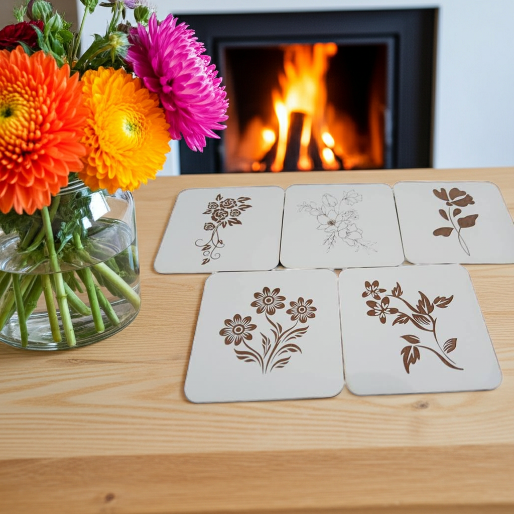 Set of 5 Flower Engraved White Wood Drink Coasters Collection. Bumper Feet.