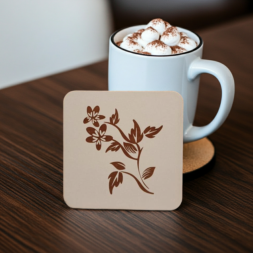 Set of 5 Flower Engraved White Wood Drink Coasters Collection. Bumper Feet.