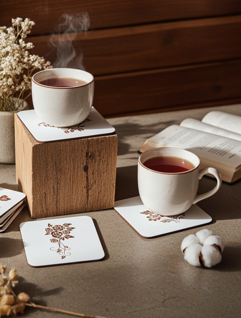 Set of 5 Flower Engraved White Wood Drink Coasters Collection. Bumper Feet.