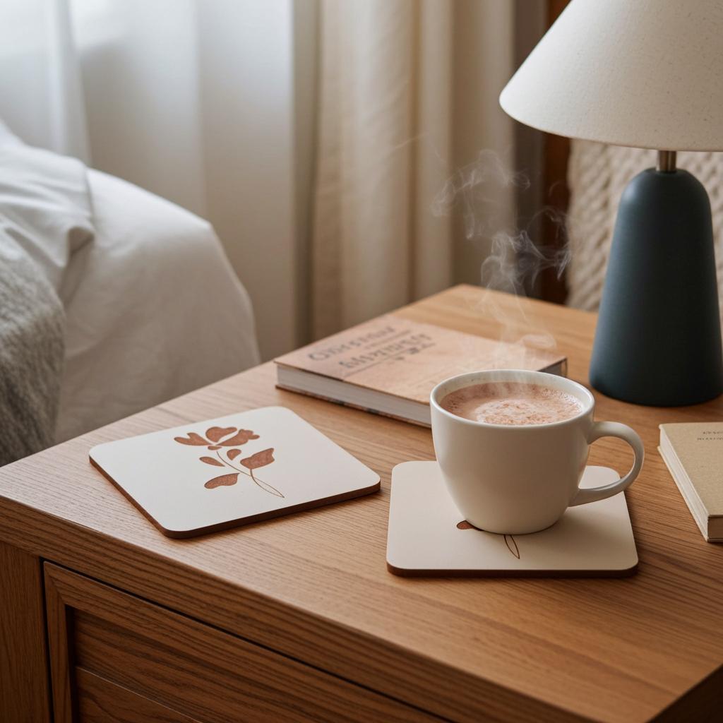 Set of 5 Flower Engraved White Wood Drink Coasters Collection. Bumper Feet.