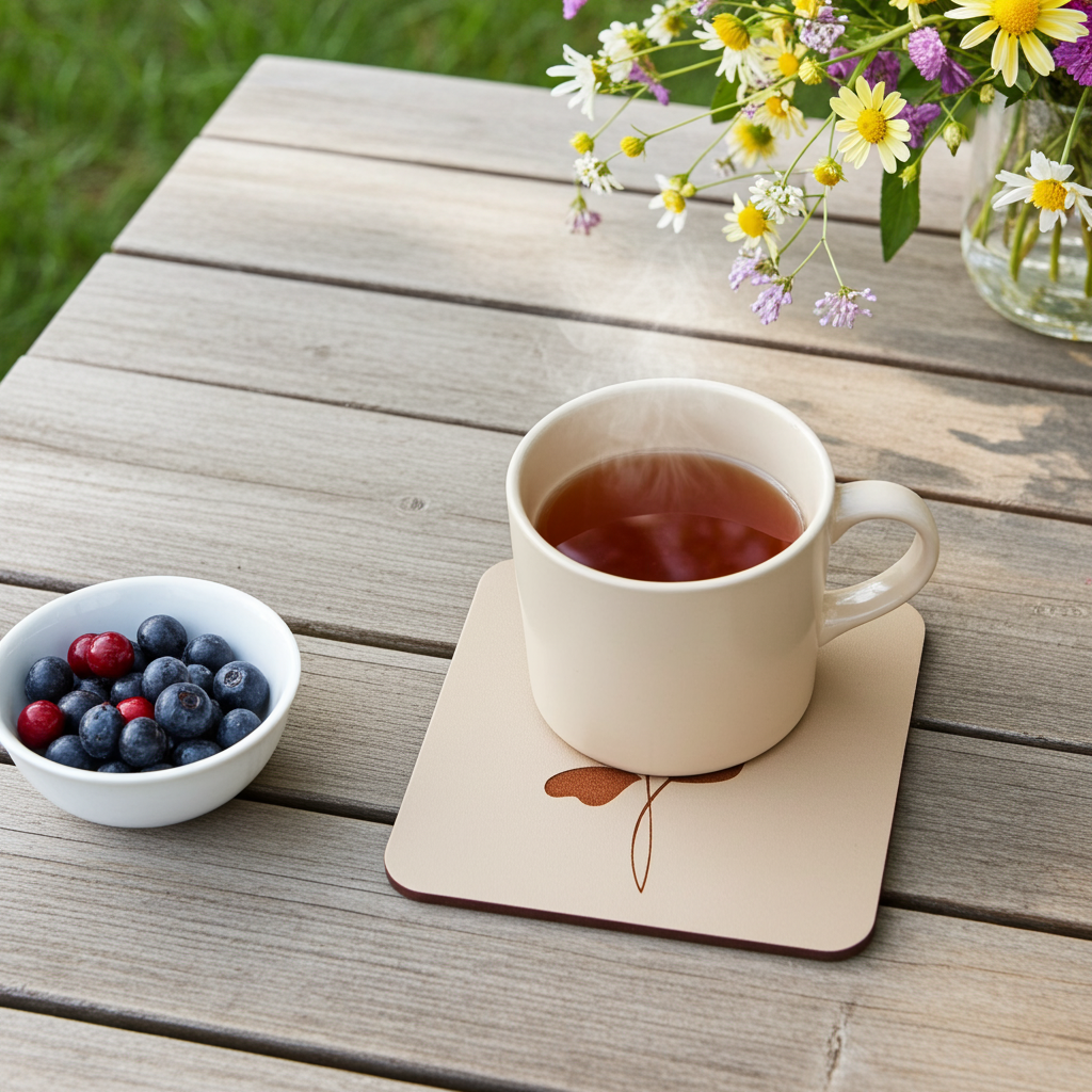 Set of 5 Flower Engraved White Wood Drink Coasters Collection. Bumper Feet.