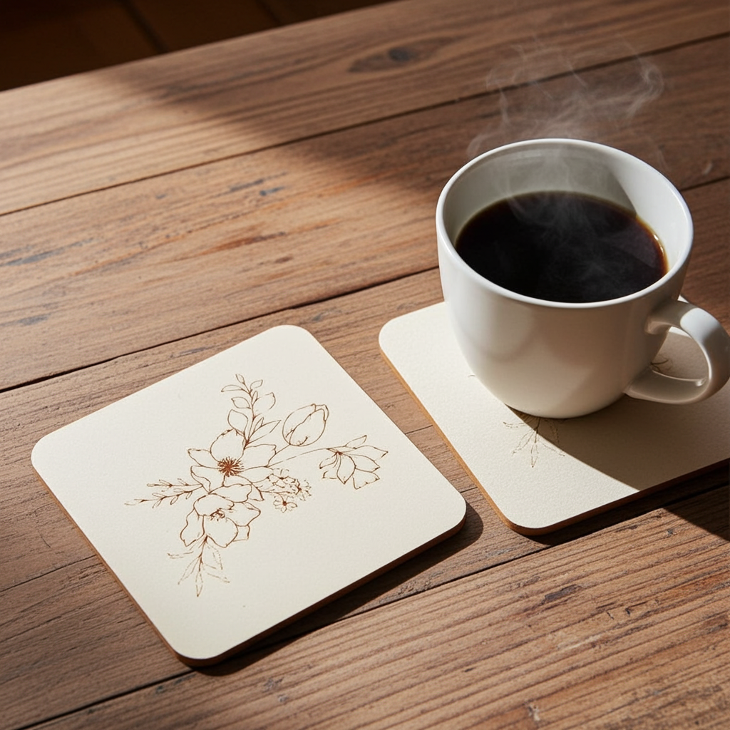 Set of 5 Flower Engraved White Wood Drink Coasters Collection. Bumper Feet.