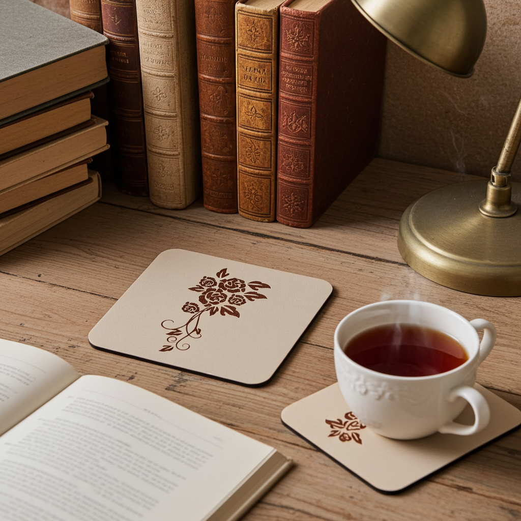 Set of 5 Flower Engraved White Wood Drink Coasters Collection. Bumper Feet.