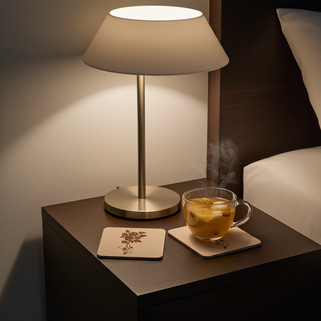 Set of 5 Flower Engraved White Wood Drink Coasters Collection. Bumper Feet.