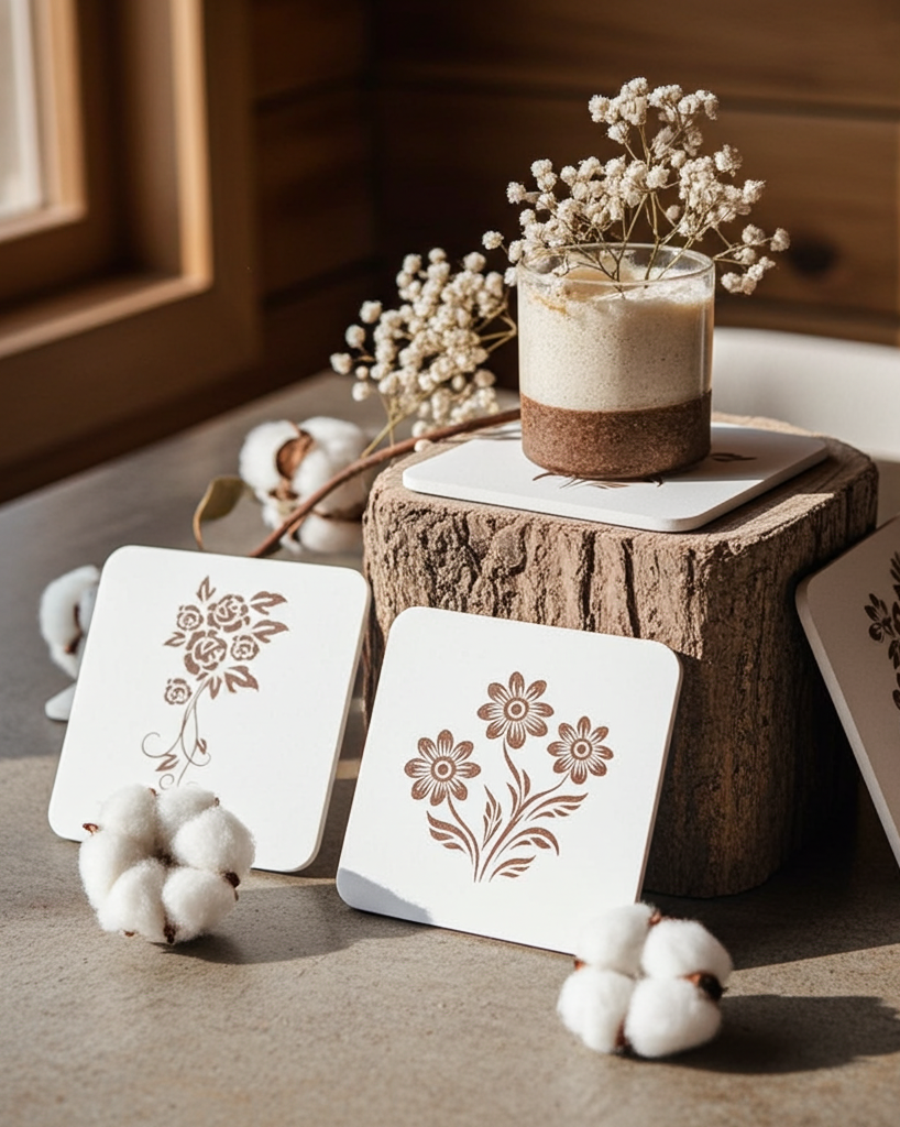 Set of 5 Flower Engraved White Wood Drink Coasters Collection. Bumper Feet.