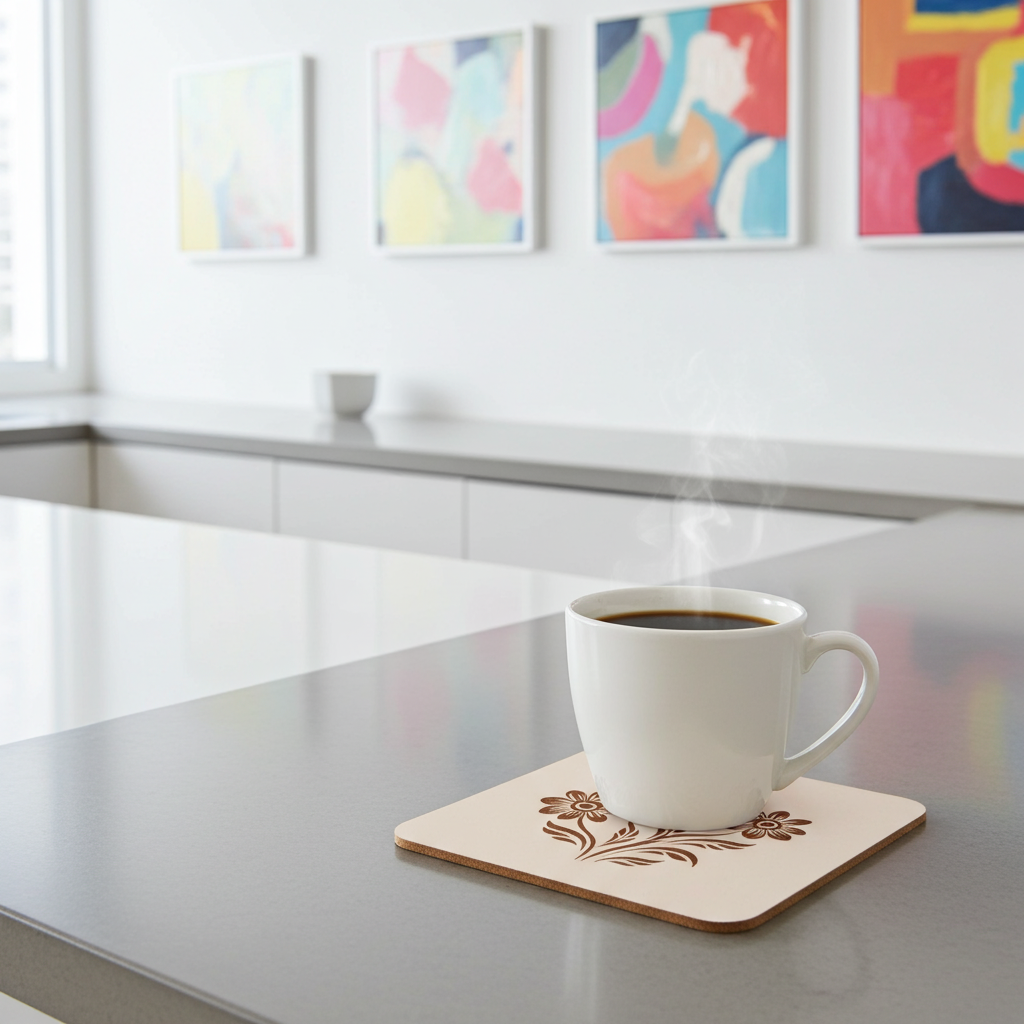 Set of 5 Flower Engraved White Wood Drink Coasters Collection. Bumper Feet.