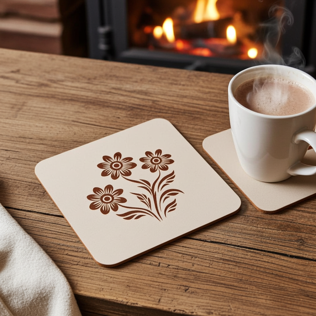 Set of 5 Flower Engraved White Wood Drink Coasters Collection. Bumper Feet.