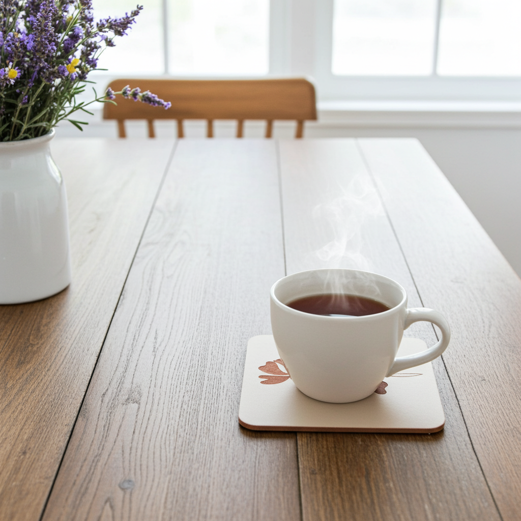 Set of 5 Flower Engraved White Wood Drink Coasters Collection. Bumper Feet.