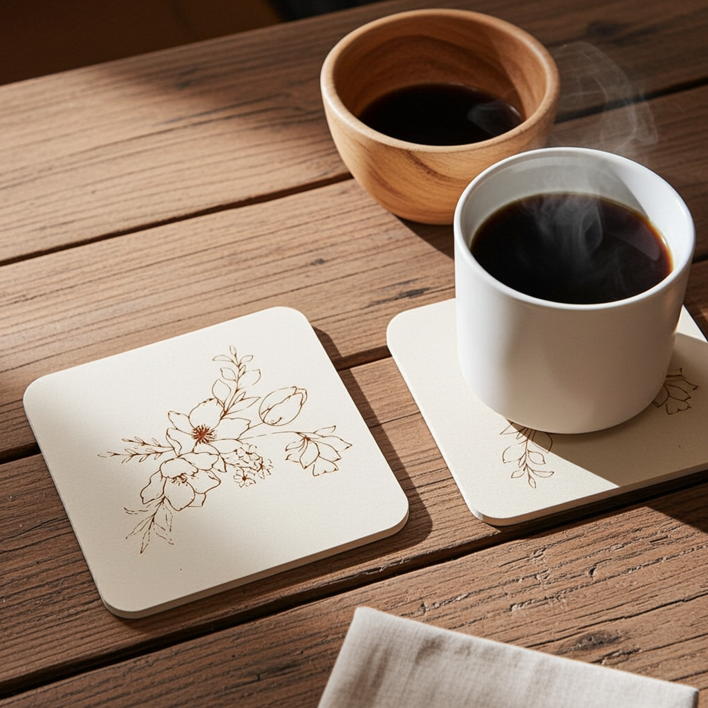 Set of 5 Flower Engraved White Wood Drink Coasters Collection. Bumper Feet.