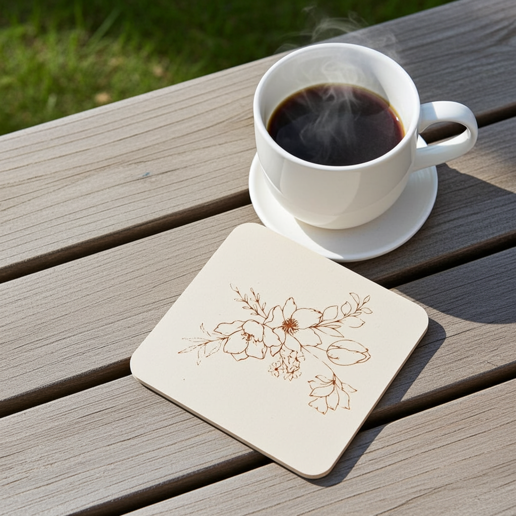 Set of 5 Flower Engraved White Wood Drink Coasters Collection. Bumper Feet.