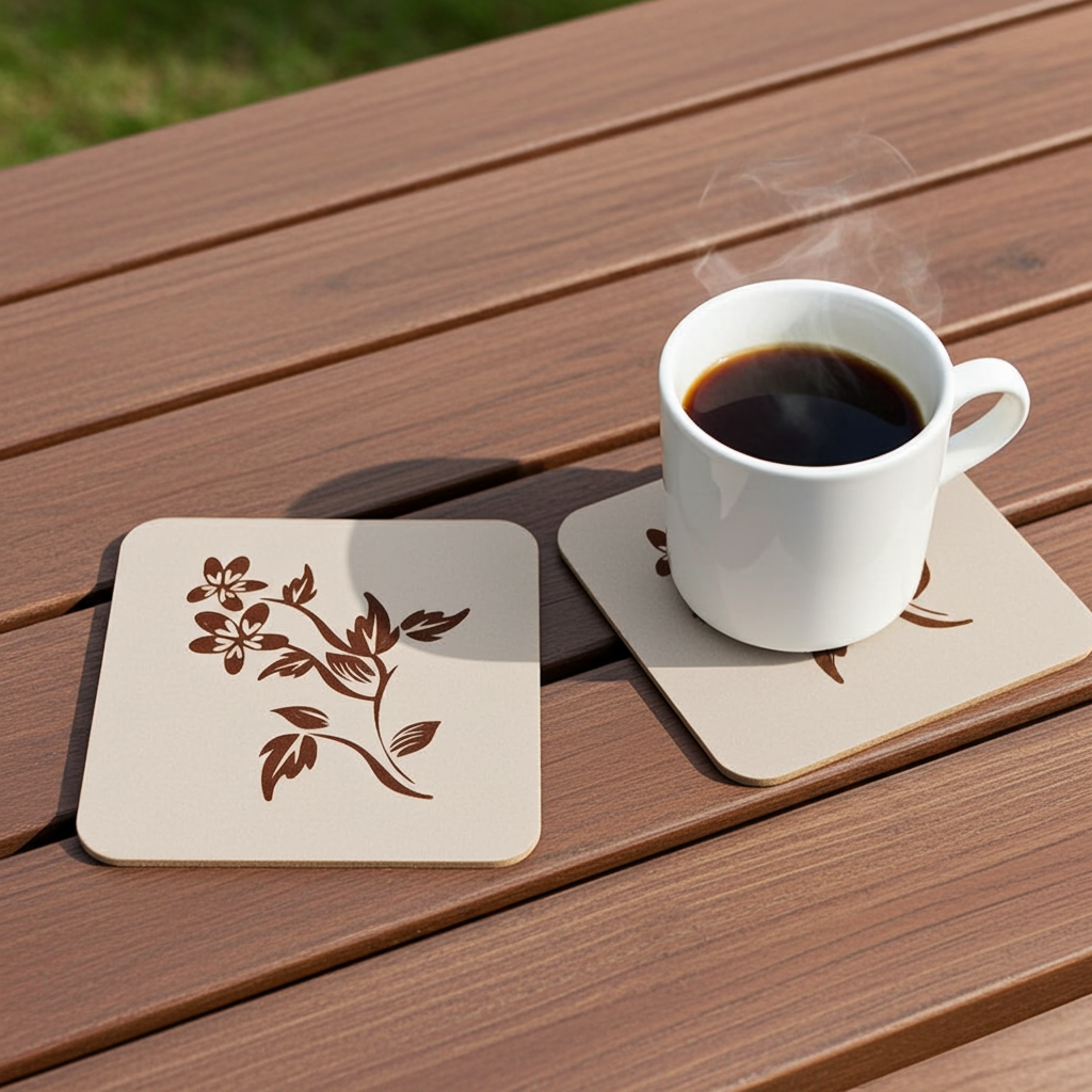 Set of 5 Flower Engraved White Wood Drink Coasters Collection. Bumper Feet.