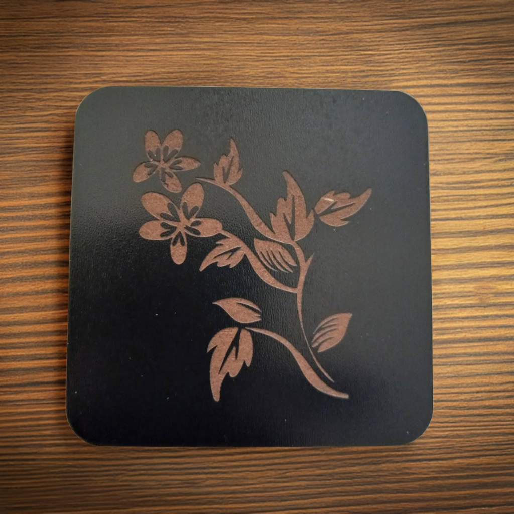 Set of 5 Square Black Flowers Collection, Wood Drink Coasters. Stylish. Bumper Feet. 9.5cm. With Rounded Corners.