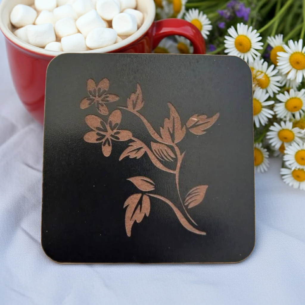 Set of 5 Square Black Flowers Collection, Wood Drink Coasters. Stylish. Bumper Feet. 9.5cm. With Rounded Corners.