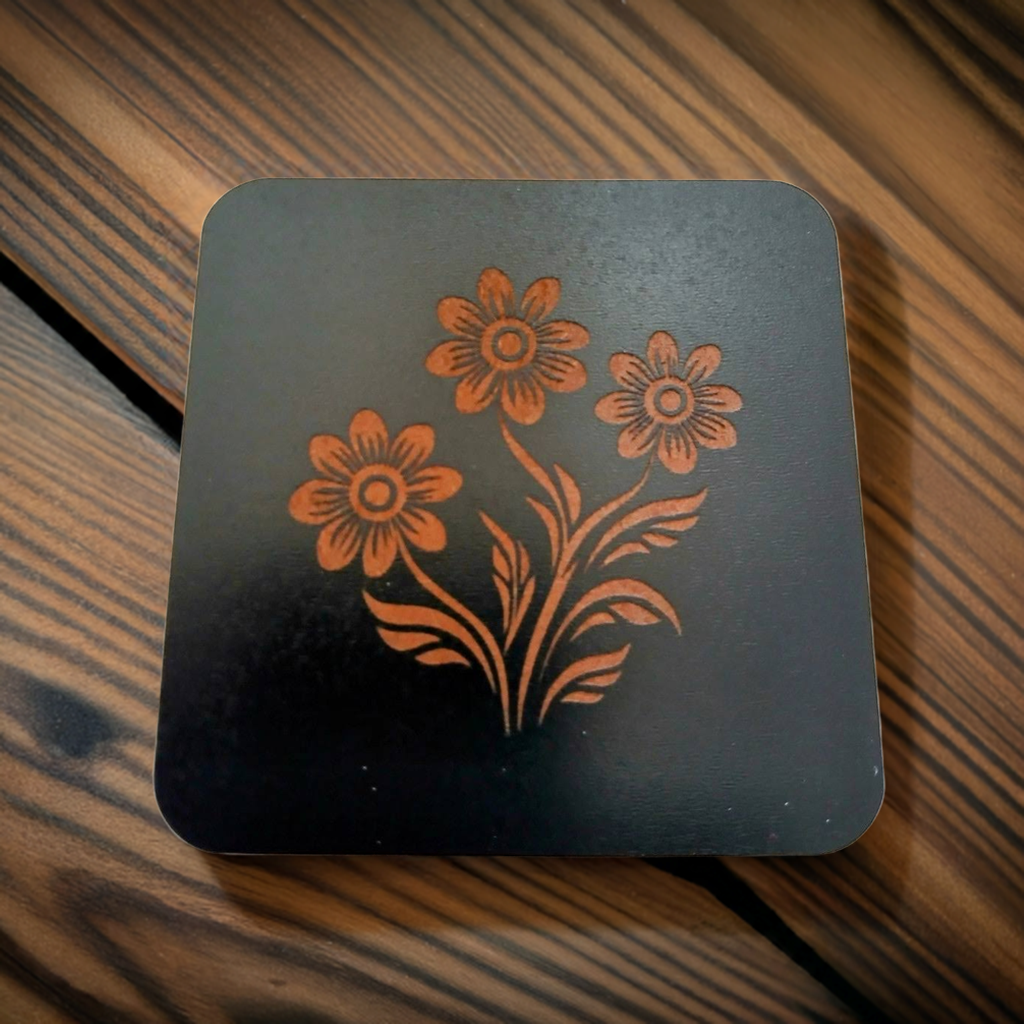 Set of 5 Square Black Flowers Collection, Wood Drink Coasters. Stylish. Bumper Feet. 9.5cm. With Rounded Corners.