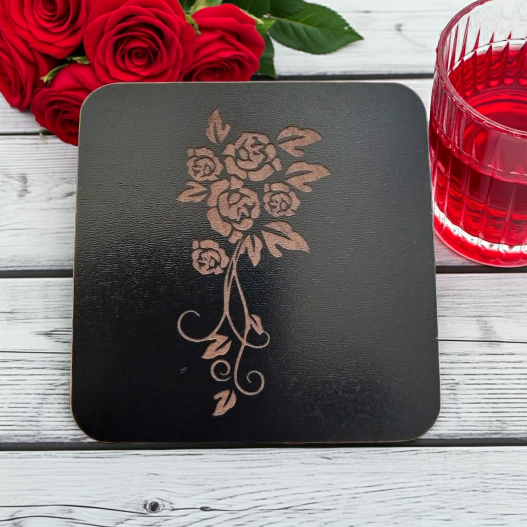 Set of 5 Square Black Flowers Collection, Wood Drink Coasters. Stylish. Bumper Feet. 9.5cm. With Rounded Corners.