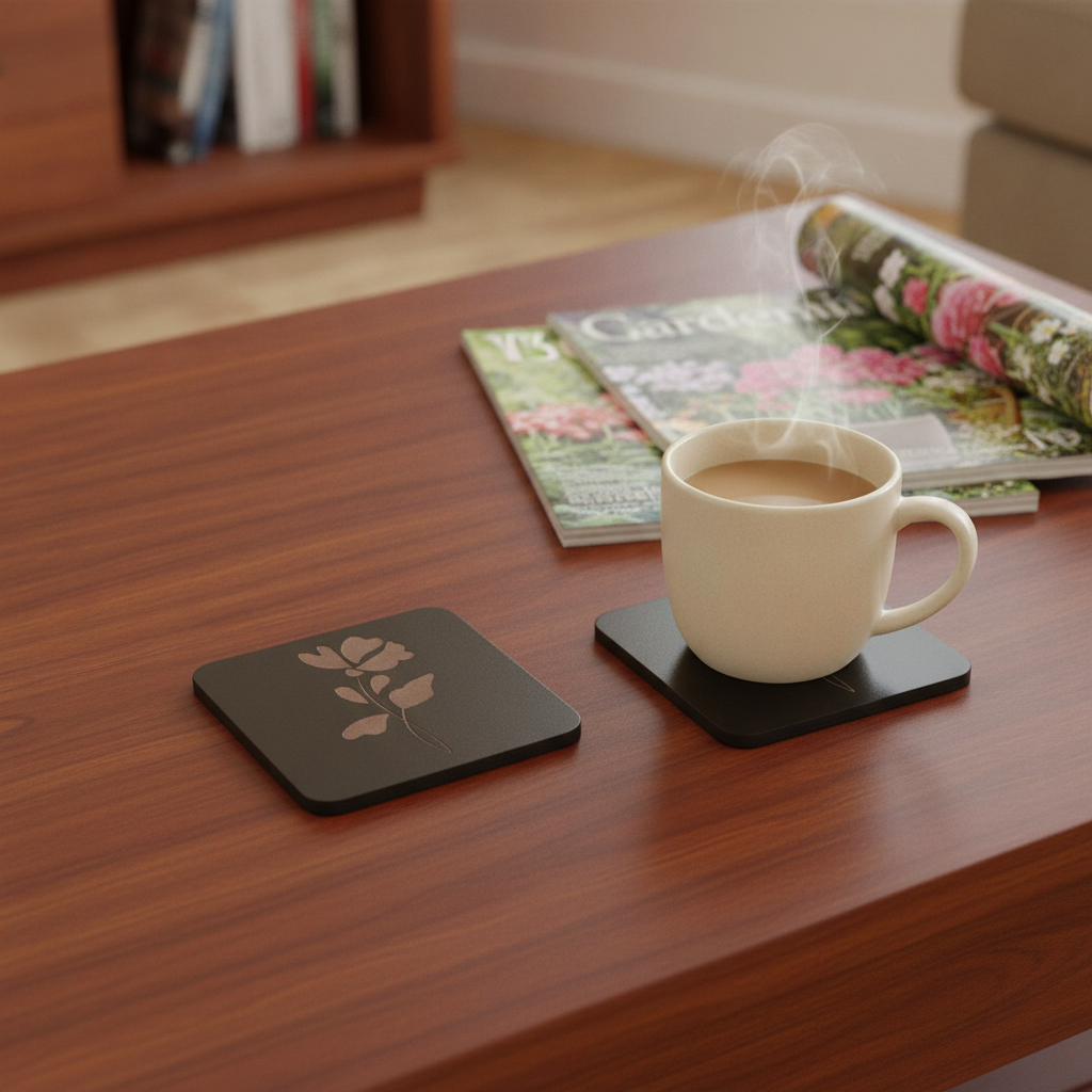 Set of 5 Square Black Flowers Collection, Wood Drink Coasters. Stylish. Bumper Feet. 9.5cm. With Rounded Corners.