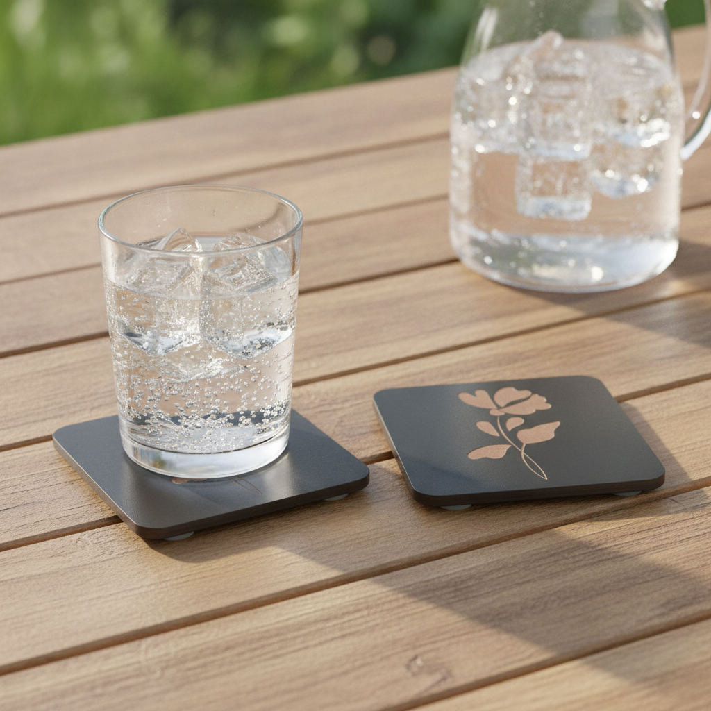 Set of 5 Square Black Flowers Collection, Wood Drink Coasters. Stylish. Bumper Feet. 9.5cm. With Rounded Corners.