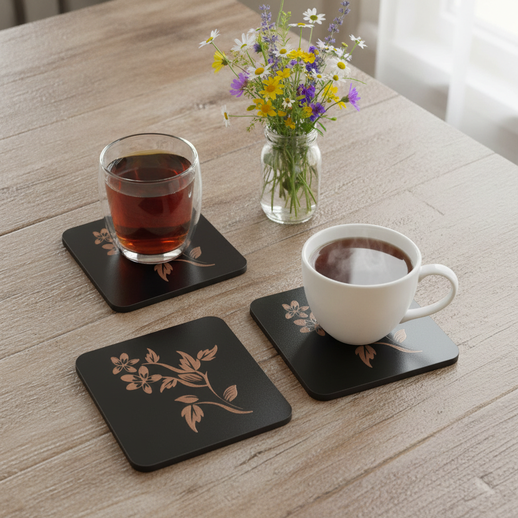 Set of 5 Square Black Flowers Collection, Wood Drink Coasters. Stylish. Bumper Feet. 9.5cm. With Rounded Corners.
