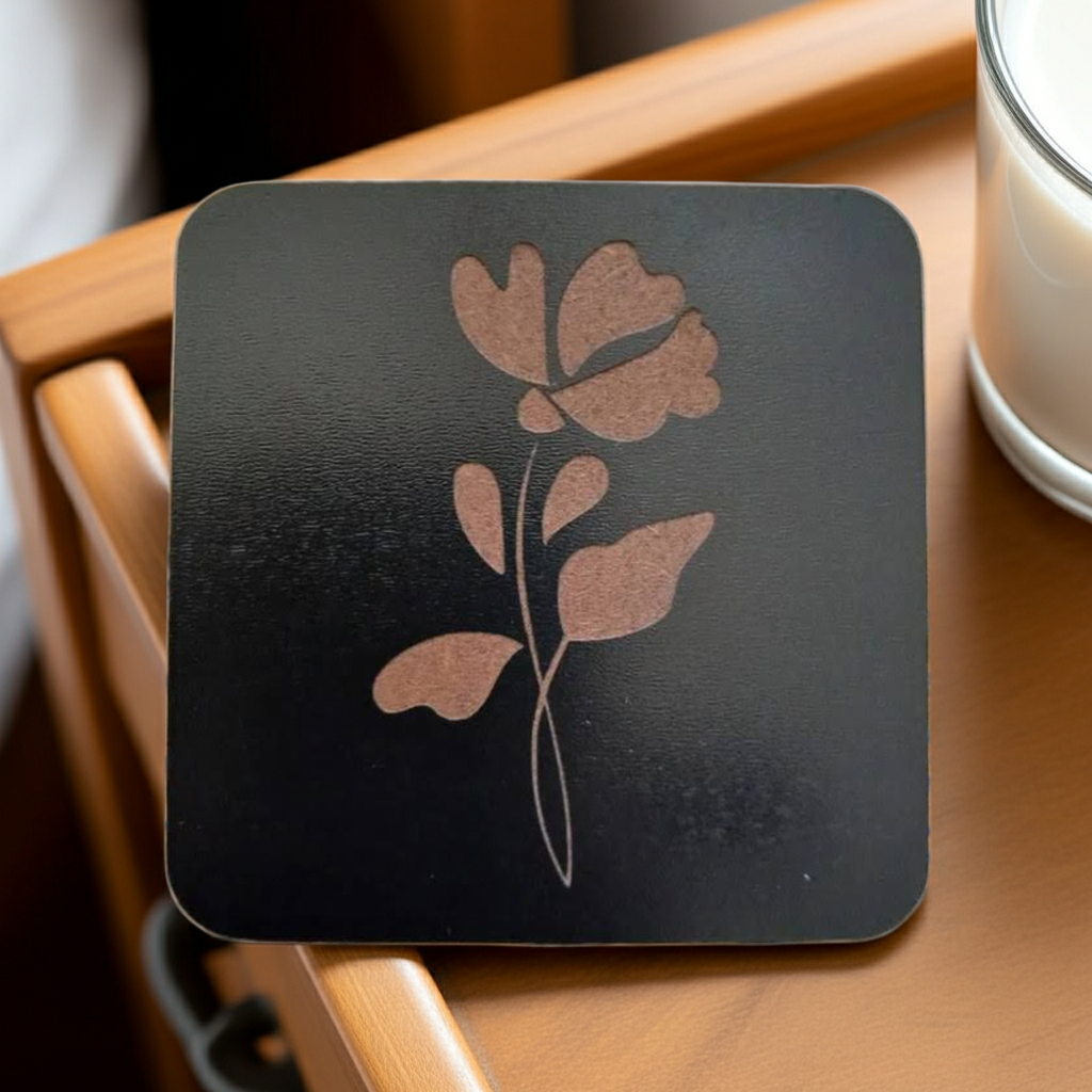 Set of 5 Square Black Flowers Collection, Wood Drink Coasters. Stylish. Bumper Feet. 9.5cm. With Rounded Corners.